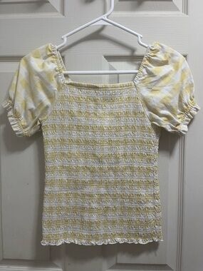 Yellow and White Smocked Puff-Sleeve Top